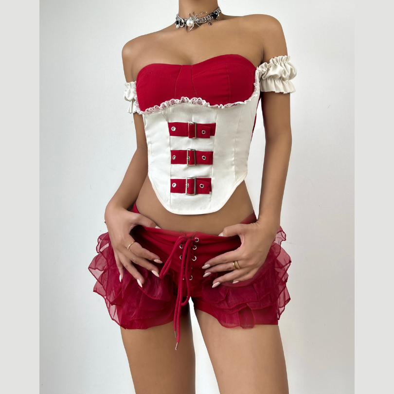 Off shoulder buckle ruffle lace up short pant set