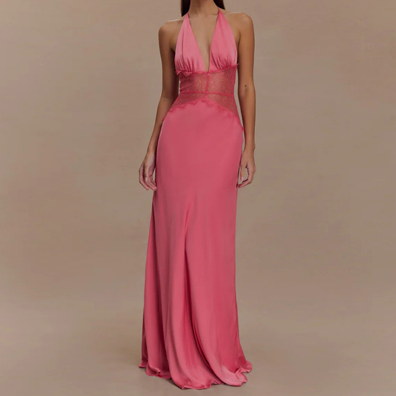 Halter lace patchwork backless maxi dress