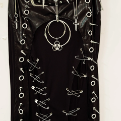 Rivet high slit o ring PU leather patchwork maxi skirt