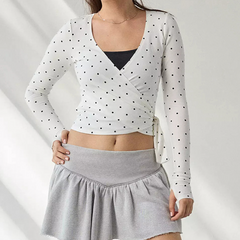 V neck long sleeve print knotted top