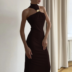 Ruched high neck solid maxi dress