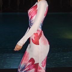 Long sleeve crewneck mesh flower print maxi dress