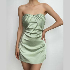 Patchwork slit ruched backless sleeveless tube mini dress-final-sale