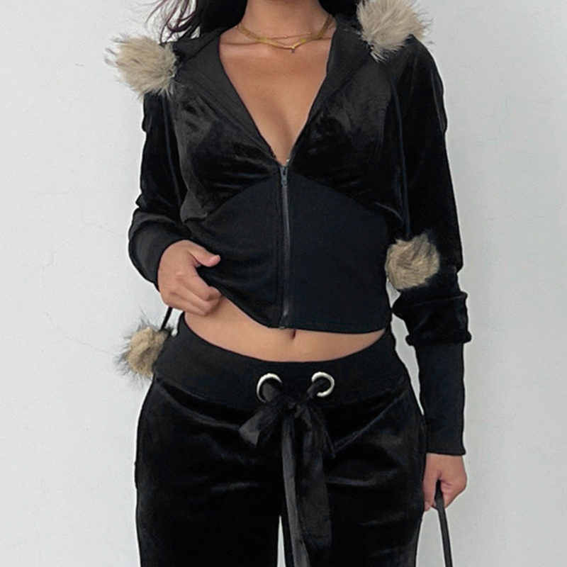Hoodie fluffy long sleeve zip-up v neck top