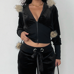 Hoodie fluffy long sleeve zip-up v neck top