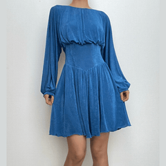 Button ruched corset solid long sleeve mini dress-final-sale
