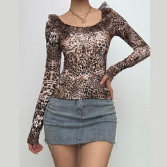 Long sleeve leopard print ruffle top-final-sale