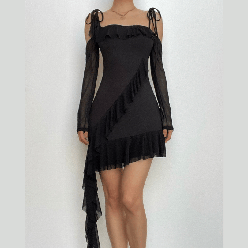 Ruffle self tie irregular off shoulder mesh long sleeve mini dress-final-sale
