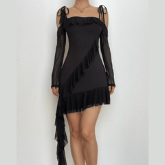 Ruffle self tie irregular off shoulder mesh long sleeve mini dress-final-sale