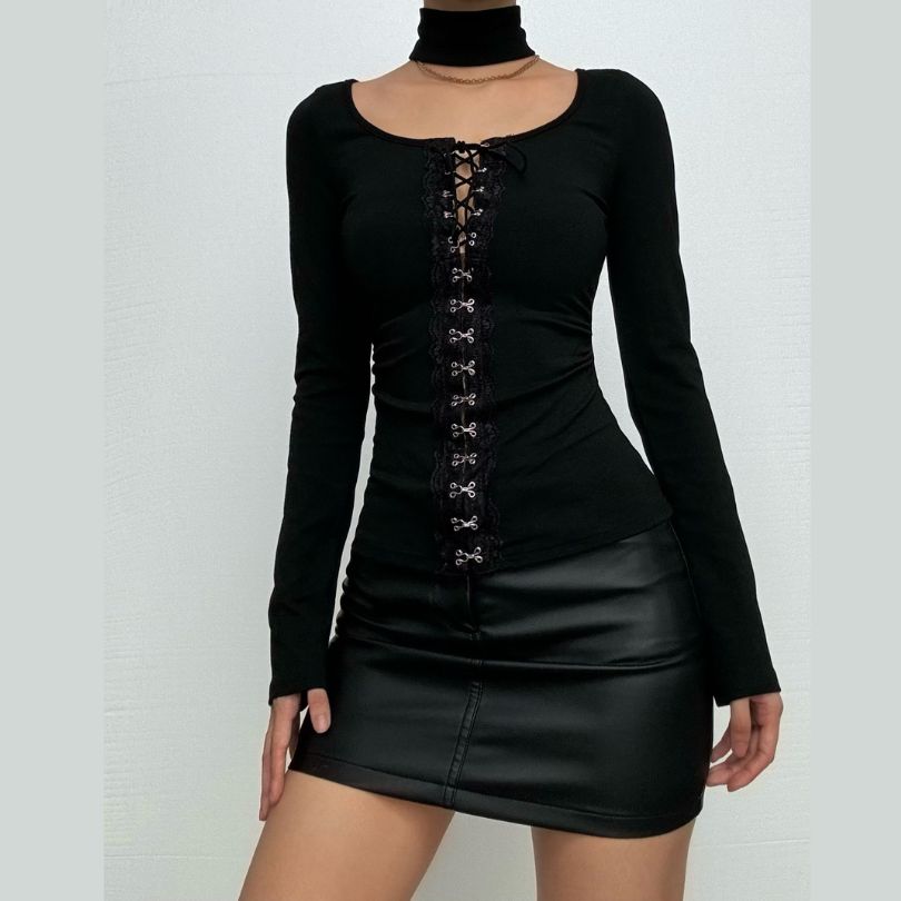 Halter long sleeve button self tie top