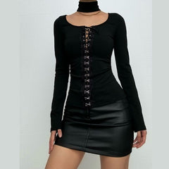 Halter long sleeve button self tie top