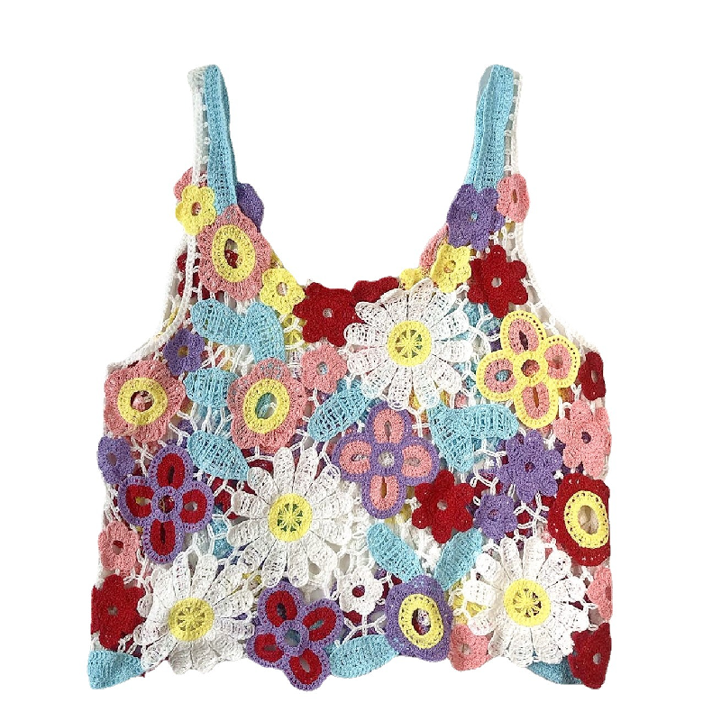 U neck flower applique knitted hollow out cami cut out top