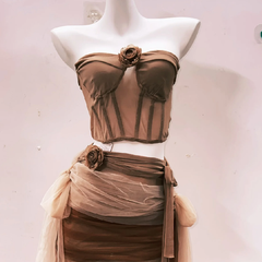 Flower applique ruched mesh knotted mini skirt set