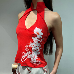 Hollow out print high neck contrast cut out top