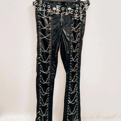 PU leather metal chain rivet pant
