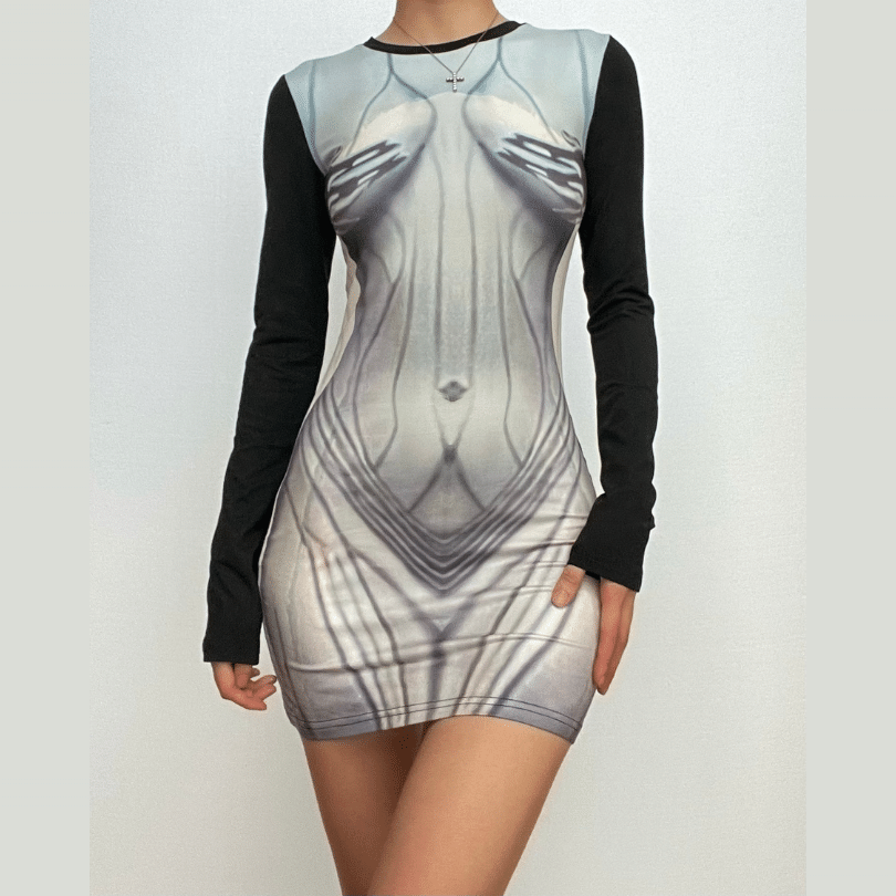 Body print contrast long sleeve round neck mini dress-final-sale