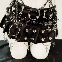 Long sleeve rivet PU leather o ring metal chain belt top