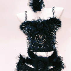 Rivet flower applique PU leather fluffy cami mini skirt set