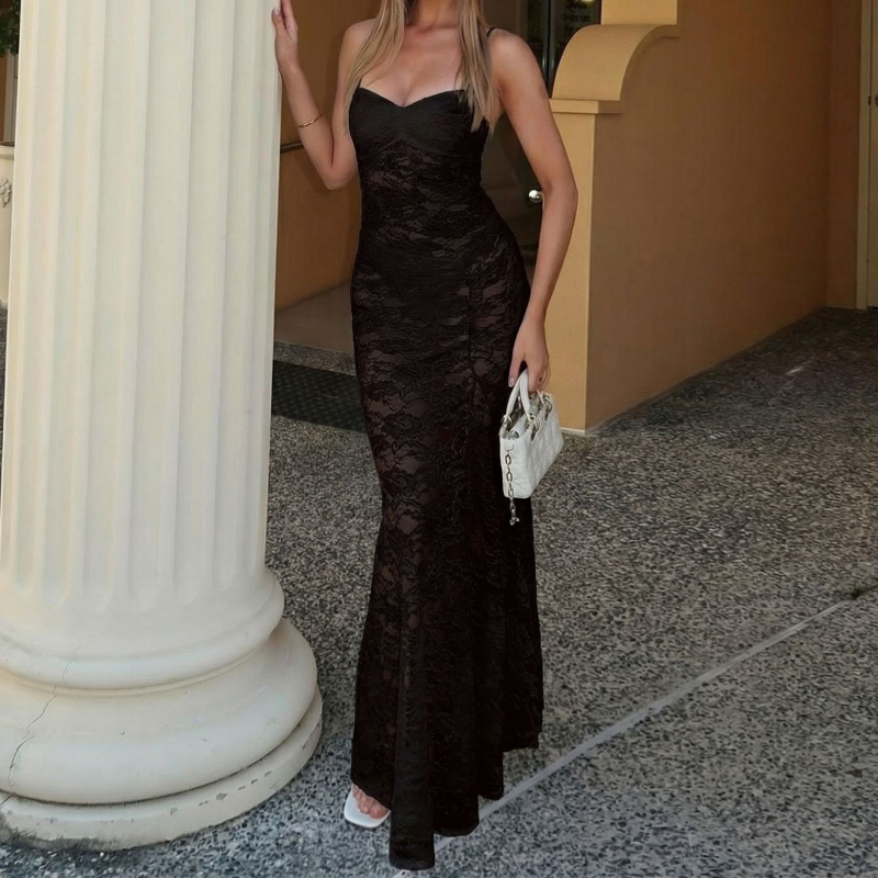 Lace ruched button v neck cami maxi skirt set