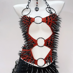 Hollow out o ring rivet applique halter cut out top