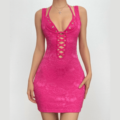 Halter o ring lace up lace backless hollow out solid cut out mini dress-final-sale
