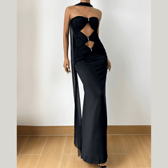 Hollow out ruched backless tube cut out maxi dress