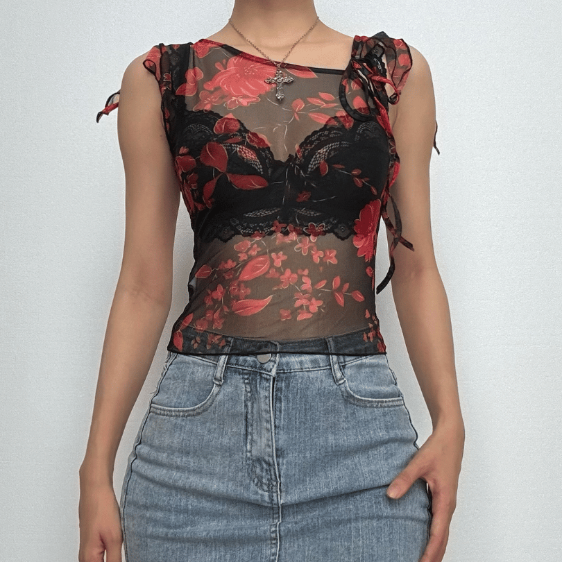 Irregular sheer mesh print ruffle top