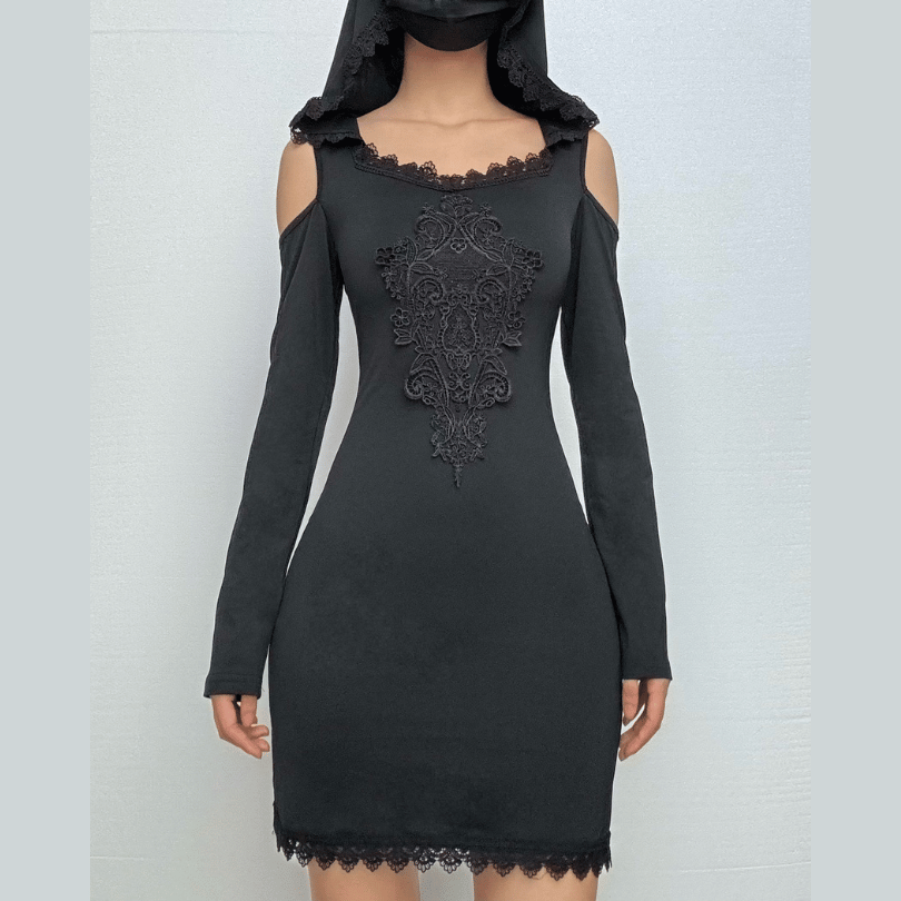 Hoodie long sleeve lace hem embroidery hollow out cut out mini dress-final-sale