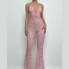 Halter lace lace up see through jumpsuit