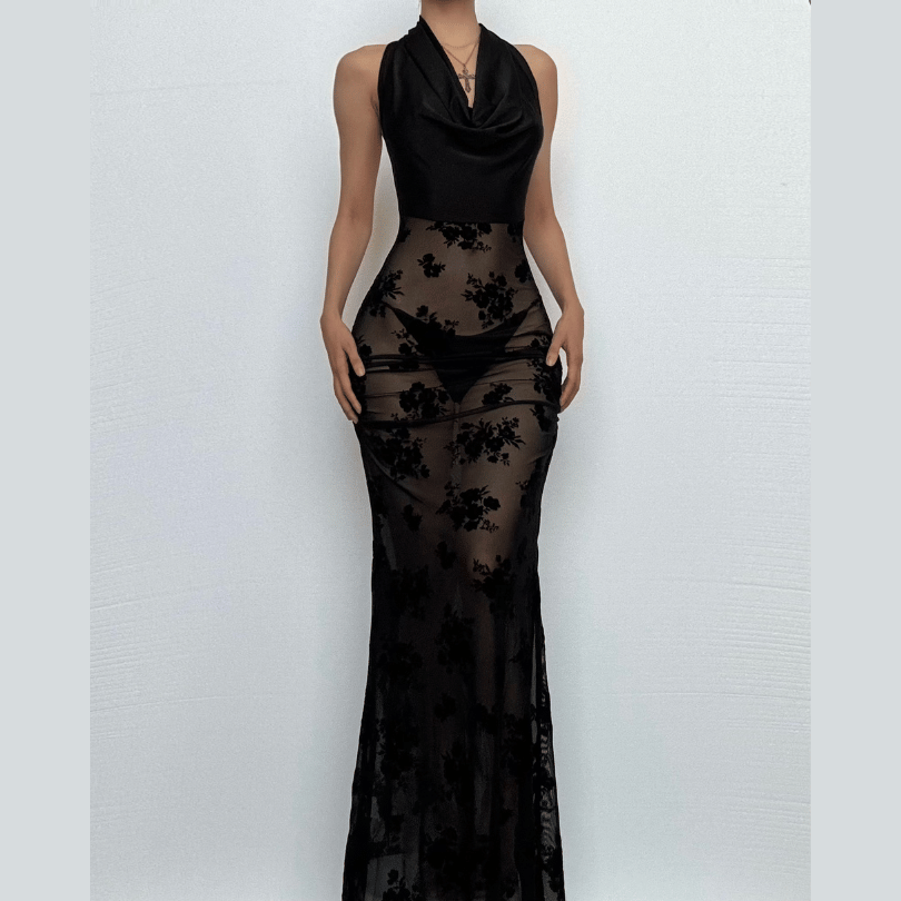 Cowl neck halter flower pattern mesh maxi dress