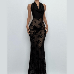 Cowl neck halter flower pattern mesh maxi dress