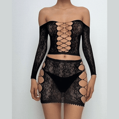 Long sleeve side hollow out sheer lace cami pant set