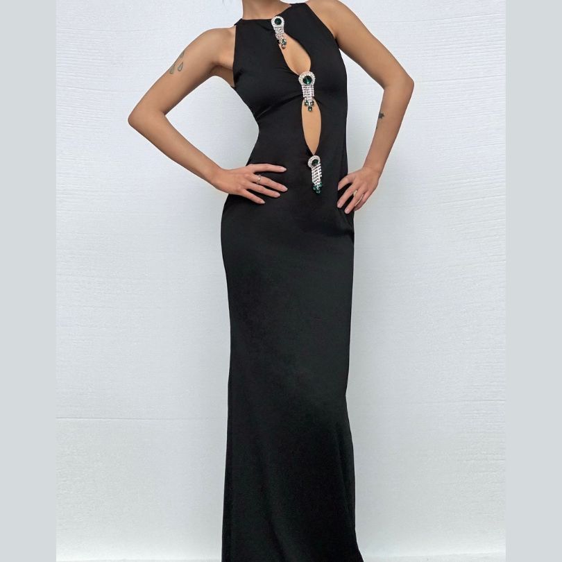 Hollow out metal applique cut out maxi dress