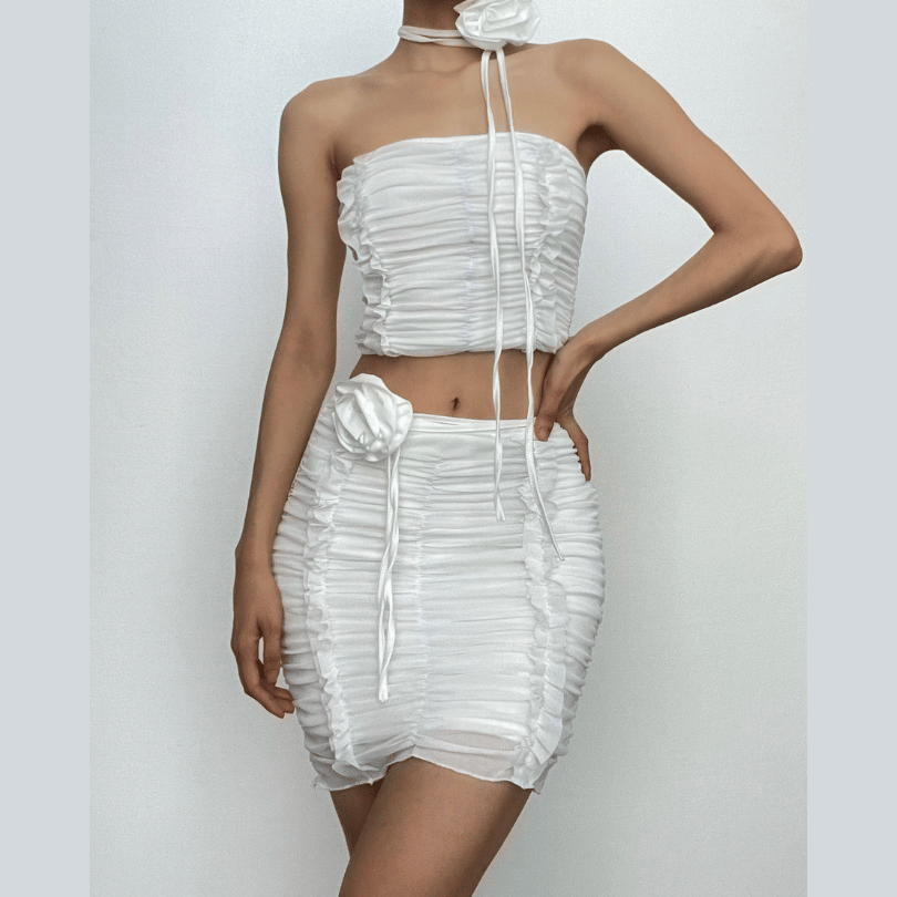 Ruffle flower applique ruched solid tube mini skirt set-final-sale