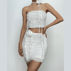 Ruffle flower applique ruched solid tube mini skirt set-final-sale