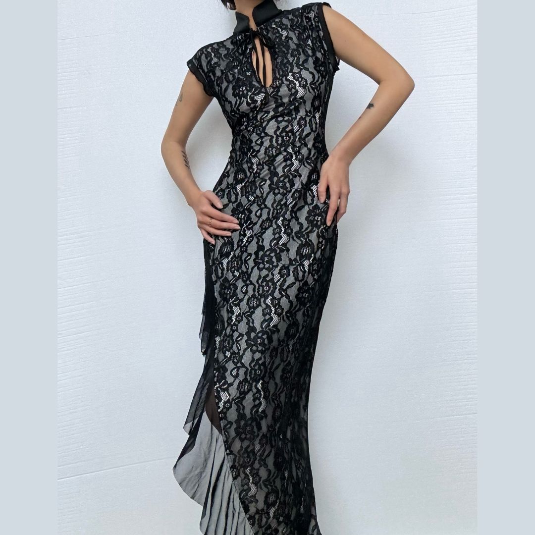 Irregular hollow out self tie zip-up lace cut out midi dress