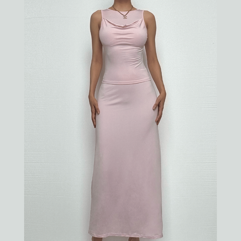 Cowl neck ruched solid tank maxi dress-final-sale
