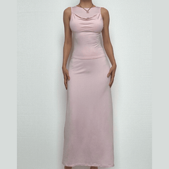Cowl neck ruched solid tank maxi dress-final-sale