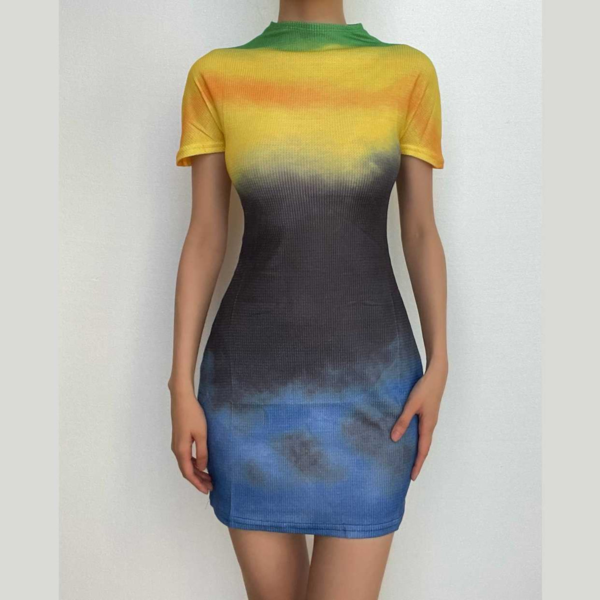 Tie dye contrast short sleeve crewneck mini dress- Final Sale-final-sale