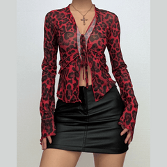 Long flared sleeve leopard print ruffle knotted sheer mesh top