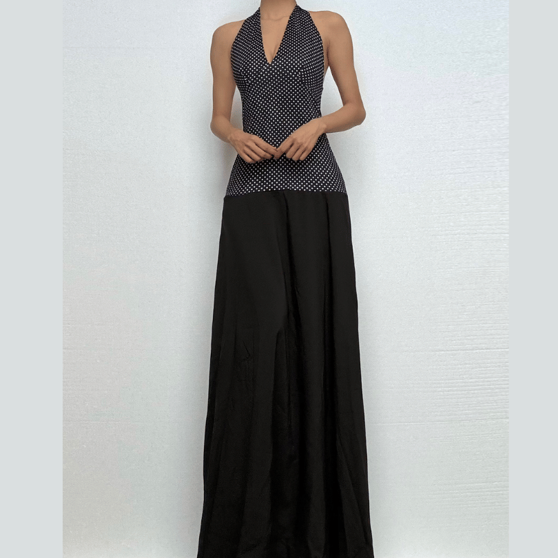 Halter polka dot print v neck backless maxi dress