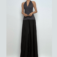 Halter polka dot print v neck backless maxi dress