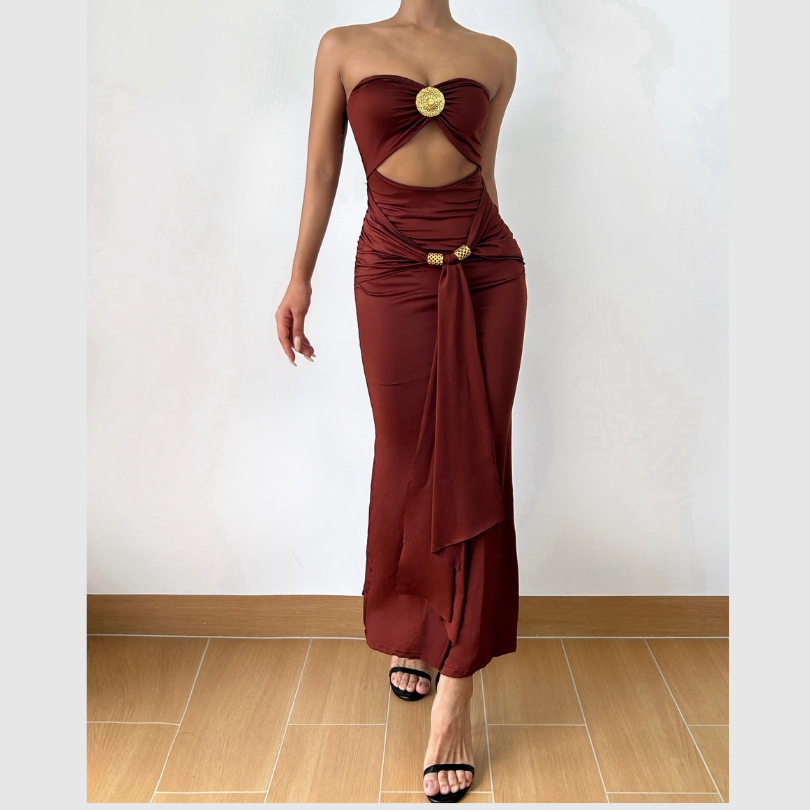 Hollow out ruched slit solid tube cut out maxi dress