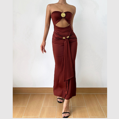 Hollow out ruched slit solid tube cut out maxi dress