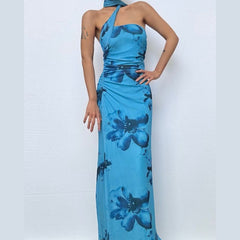 Halter ruched print irregular maxi dress