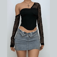 One shoulder long sleeve patchwork lace top