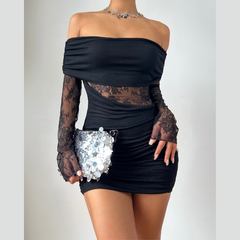Off shoulder long sleeve lace ruched mini dress