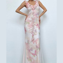 Mesh v neck ruffle butterfly print maxi dress