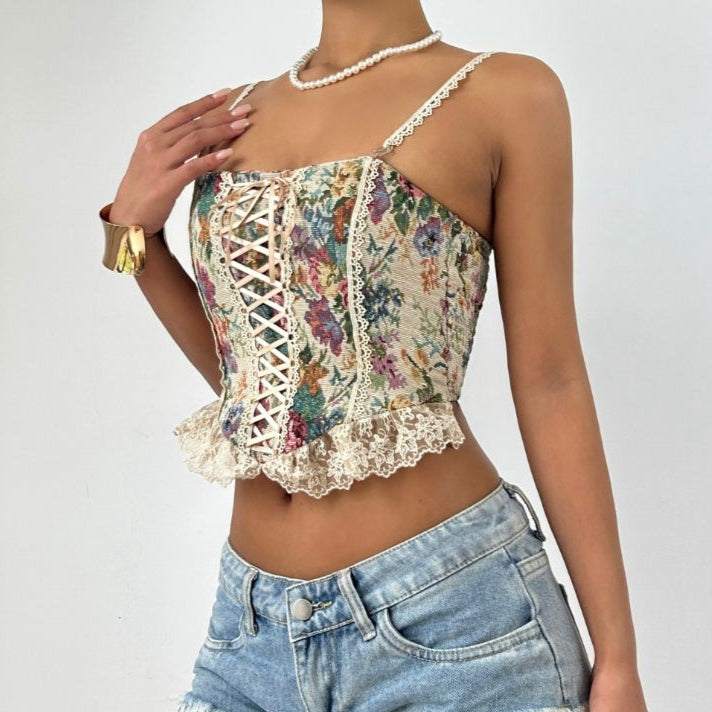 Lace up smocked lace hem flower pattern cami top