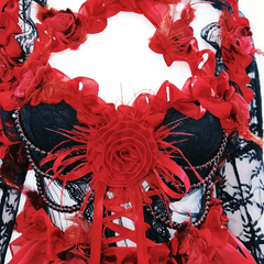 Long flared sleeve flower applique ruffle lace mini dress